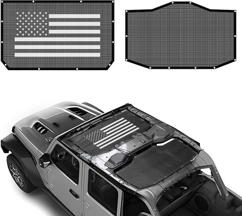 Sunshade for 2024 2025 Jeep Wrangler JL/JLU 4xe set - شبكات الأمامية والخلفية شمس الظل العلوية الكتل أشعة الأشعة فوق البنفسجية والحطام ، غطاء بيكيني Jlkini العلوي يناسب 4 أبواب غير محدودة ، صلبة وناعمة (علم الولايات المتحدة) in Saudi Arabia
