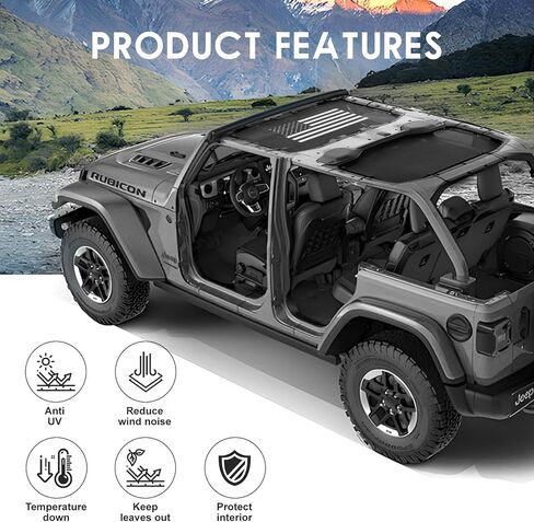 Sunshade for 2024 2025 Jeep Wrangler JL/JLU 4xe set - شبكات الأمامية والخلفية شمس الظل العلوية الكتل أشعة الأشعة فوق البنفسجية والحطام ، غطاء بيكيني Jlkini العلوي يناسب 4 أبواب غير محدودة ، صلبة وناعمة (علم الولايات المتحدة) in Saudi Arabia