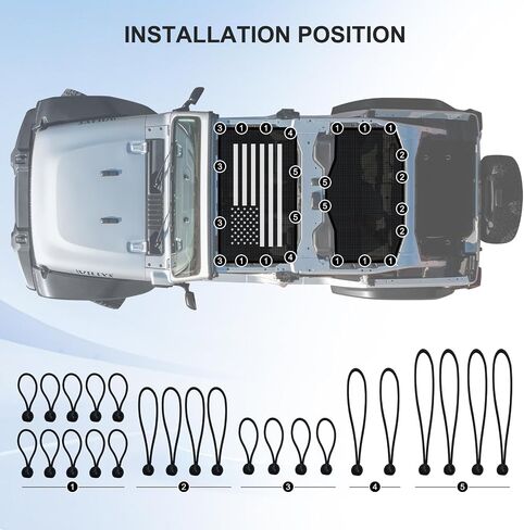 Sunshade for 2024 2025 Jeep Wrangler JL/JLU 4xe set - شبكات الأمامية والخلفية شمس الظل العلوية الكتل أشعة الأشعة فوق البنفسجية والحطام ، غطاء بيكيني Jlkini العلوي يناسب 4 أبواب غير محدودة ، صلبة وناعمة (علم الولايات المتحدة) in Saudi Arabia