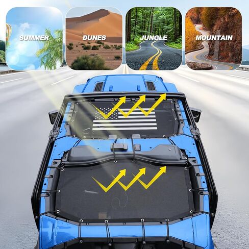 Sunshade for 2024 2025 Jeep Wrangler JL/JLU 4xe set - شبكات الأمامية والخلفية شمس الظل العلوية الكتل أشعة الأشعة فوق البنفسجية والحطام ، غطاء بيكيني Jlkini العلوي يناسب 4 أبواب غير محدودة ، صلبة وناعمة (علم الولايات المتحدة) in Saudi Arabia