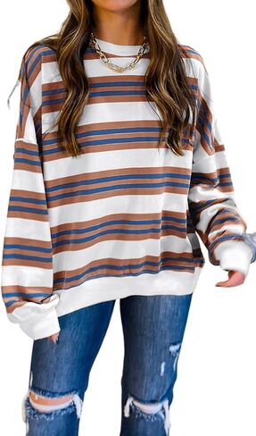 Ocstrade Womens Pullover Sweatshirts Khaki Stripe Crew Neck Drop Coutgle Sweatshirt in Kuwait