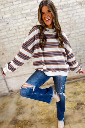 Ocstrade Womens Pullover Sweatshirts Khaki Stripe Crew Neck Drop Coutgle Sweatshirt in Kuwait