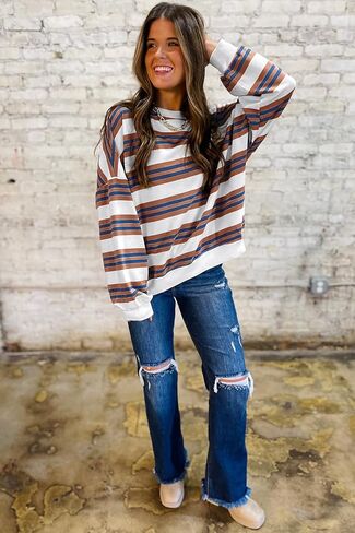 Ocstrade Womens Pullover Sweatshirts Khaki Stripe Crew Neck Drop Coutgle Sweatshirt in Kuwait