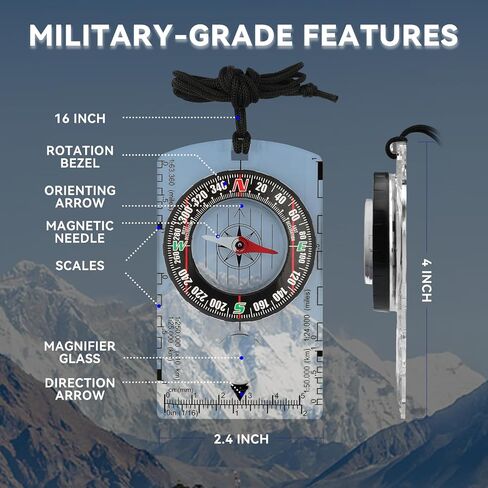 Compass Military Grade, Precision Navigation Compass for Hiking | Aluminum Alloy, Bubble-Free Liquid Capsule, Tritium & Luminous Markers, Lensatic Sight, Carry Pouch & Lanyard in Saudi Arabia