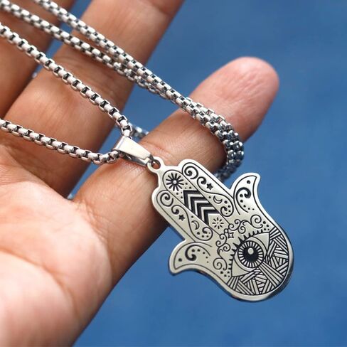 Hamsa Hand of Fatima Evil Eye Pendant Necklace Stainless Steel Lucky Protection Prayer Necklace for Women Men Gift in Saudi Arabia