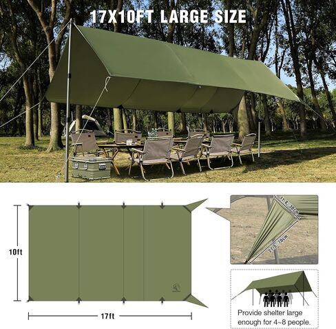 REDCAMP 10x17ft Waterproof Camping Tarp, Lightweight Hammock Rain Fly with UV50+ Sun Protection, 8 Guy Lines & Stakes, Backpacking Tent Shelter for Camping, Hiking, Beach (Green) in Saudi Arabia