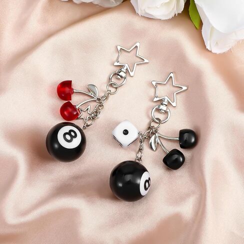 2 Pcs 8 Ball Keychain,Cherry Bag Charm,Y2k Keychain for Women Cute Keychains With 8 Ball Dice Accessories Cute Silver Bag Charm Decor for Purse Handbag in Saudi Arabia