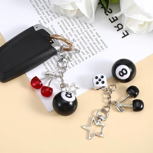 2 Pcs 8 Ball Keychain,Cherry Bag Charm,Y2k Keychain for Women Cute Keychains With 8 Ball Dice Accessories Cute Silver Bag Charm Decor for Purse Handbag in Saudi Arabia