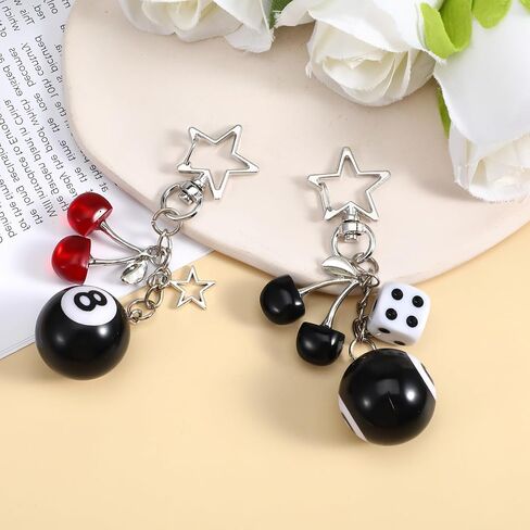 2 Pcs 8 Ball Keychain,Cherry Bag Charm,Y2k Keychain for Women Cute Keychains With 8 Ball Dice Accessories Cute Silver Bag Charm Decor for Purse Handbag in Saudi Arabia
