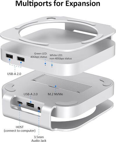 MAC MINI HUB: 10 في 1 حامل من الألومنيوم و DOCK لـ MAC MINI M4 PRO مع M.2 NVME SSD SPECTING ، 4K60Hz HDMI ، 10GBPS USB-A*2 ، SD/TF CARD DEATLES ، USB 2.0 in Kuwait