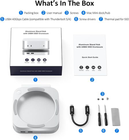 MAC MINI HUB: 10 في 1 حامل من الألومنيوم و DOCK لـ MAC MINI M4 PRO مع M.2 NVME SSD SPECTING ، 4K60Hz HDMI ، 10GBPS USB-A*2 ، SD/TF CARD DEATLES ، USB 2.0 in Kuwait
