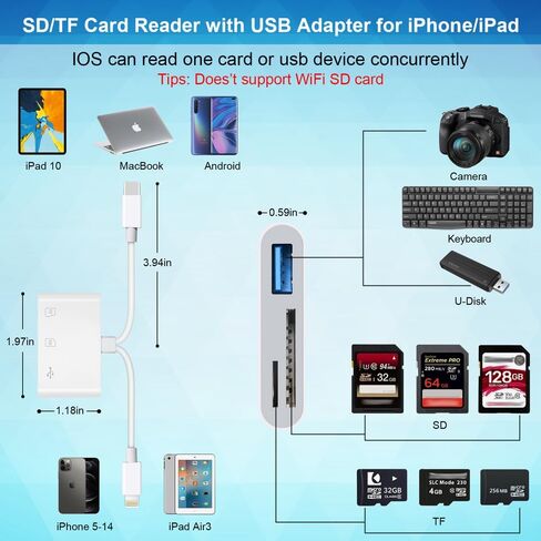 SD Card Reader for iPhone iPad, Digital Trail Camera SD Card Viewer with Dual Slot for MicroSD/SD Plug and Play, Simultaneous Charging and Reading in Saudi Arabia