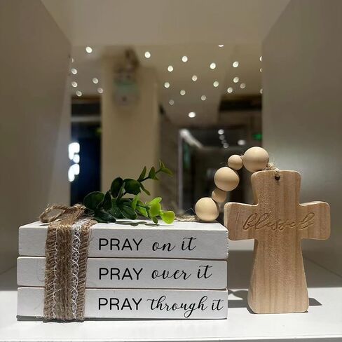 Farmhouse Mini Tiered Tray Decor, Religious Christian Book Stack, Pray On It Bookstack with Wood Bead Tassels and Cross,Christian Books Shelf Decoration (daztbible10) in Kuwait