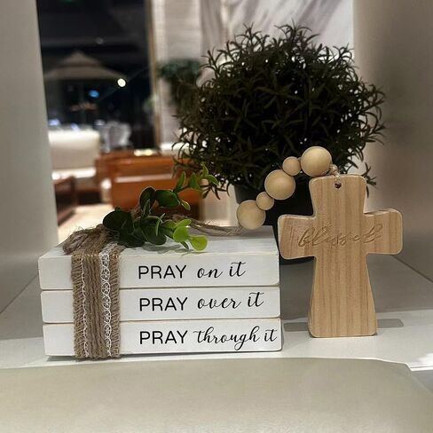 Farmhouse Mini Tiered Tray Decor, Religious Christian Book Stack, Pray On It Bookstack with Wood Bead Tassels and Cross,Christian Books Shelf Decoration (daztbible10) in Kuwait