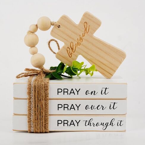 Farmhouse Mini Tiered Tray Decor, Religious Christian Book Stack, Pray On It Bookstack with Wood Bead Tassels and Cross,Christian Books Shelf Decoration (daztbible10) in Kuwait