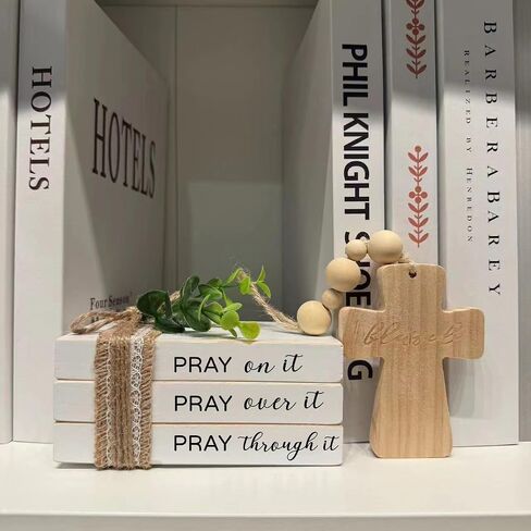Farmhouse Mini Tiered Tray Decor, Religious Christian Book Stack, Pray On It Bookstack with Wood Bead Tassels and Cross,Christian Books Shelf Decoration (daztbible10) in Kuwait