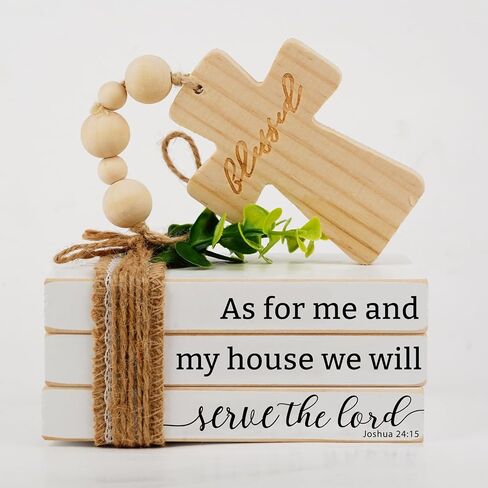Farmhouse Mini Tiered Tray Decor, Religious Christian Book Stack, Pray On It Bookstack with Wood Bead Tassels and Cross,Christian Books Shelf Decoration (daztbible10) in Kuwait