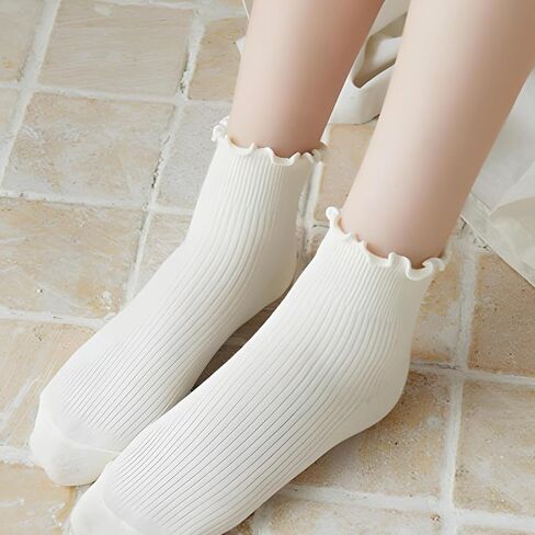 جوارب Larrel Frilly Women ، 6 أزواج من القطن الناعم الجوارب الكشكشة أبيض جوارب تنفس لطيف متماسكة الكتاك in Kuwait