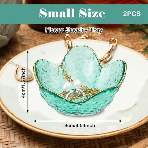 2pcs زهرة شكل مجوهرات صينية ، طبق مجوهرات زجاجية صغيرة ، طبق خاتم جمالي ، حامل خاتم الخطوبة للنساء ، صينية حلية الحمام لأقراط زوجة أمي ابنة الأم (أبيض + رمادي) in Kuwait