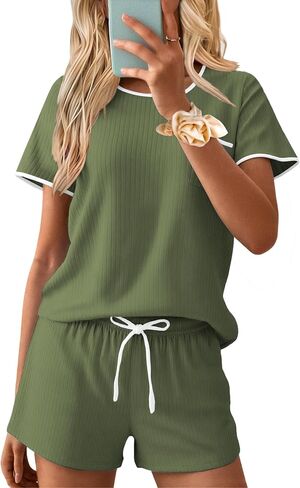 Ekouaer Womens Pajama مجموعة متماسكة مضلعة شورتات ناعمة PJS Summer Sleepwear من قطعتين صالة عرضية مع الرباط والجيوب in Saudi Arabia