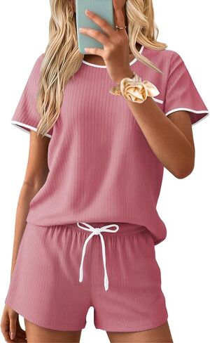 Ekouaer Womens Pajama مجموعة متماسكة مضلعة شورتات ناعمة PJS Summer Sleepwear من قطعتين صالة عرضية مع الرباط والجيوب in Kuwait