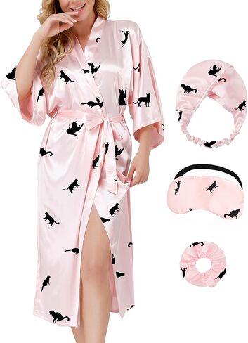 DOLOS Satin Robe for Women Long Floral Kimono Robes Lightweight Bridesmaid Robes Silky Bathrobe with Eye Mask Headband in Kuwait