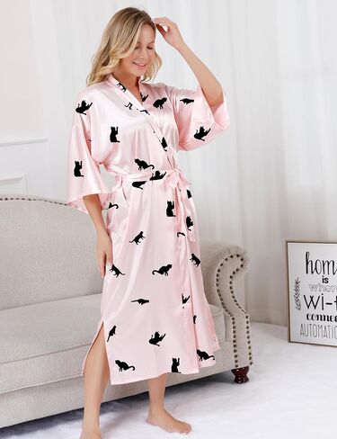 DOLOS Satin Robe for Women Long Floral Kimono Robes Lightweight Bridesmaid Robes Silky Bathrobe with Eye Mask Headband in Kuwait