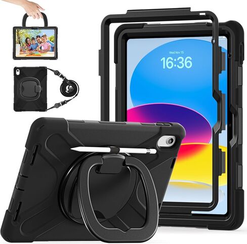 Case for iPad 11th Generation 11" (A16) 2025,iPad 10th Generation 10.9" 2022,Shockproof Cover for Kids with Screen Protector,Rotating Stand,Pencil Holder,Shoulder Strap (Red+Black) in Kuwait