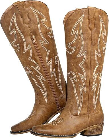 SheSole Women's Western Cowgirl Boots Knee High Embroidered Square Toe Cowboy Boots Side Zipper in Saudi Arabia
