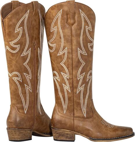 SheSole Women's Western Cowgirl Boots Knee High Embroidered Square Toe Cowboy Boots Side Zipper in Saudi Arabia