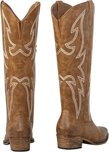 SheSole Women's Western Cowgirl Boots Knee High Embroidered Square Toe Cowboy Boots Side Zipper in Saudi Arabia