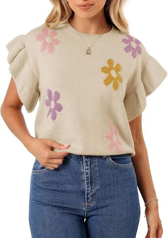 Saodimallsu Womens Summer Ruffle Short Sleeve Sweater Tops Cute Floral Knit Creweck Casual Lightweight Sweaters in Saudi Arabia