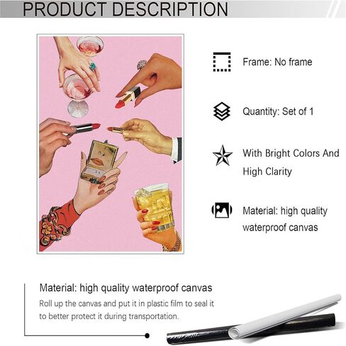 Trendy Lipstick Posters Funky Chic Icon Pink Girl Room Aesthetic Canvas Wall Art Modern Preppy Glam Makeup Rings Cocktail Prints Painting For Home Bedroom Dorm Wall Decor 12x16in Unframed in Saudi Arabia