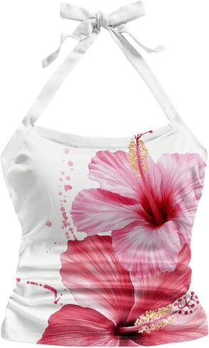 MakeMeChic Women's Floral Halter Crop Tops Tie Backless Ruched Sleeveless Summer Tank in Kuwait