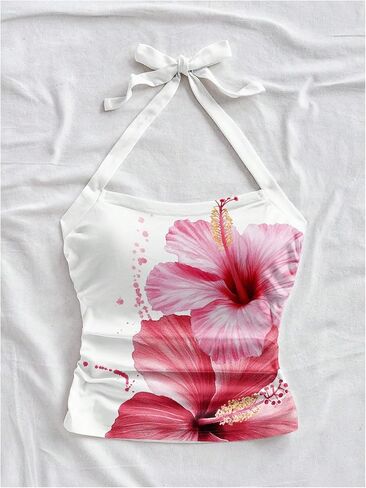 MakeMeChic Women's Floral Halter Crop Tops Tie Backless Ruched Sleeveless Summer Tank in Kuwait