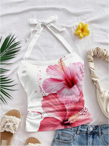 MakeMeChic Women's Floral Halter Crop Tops Tie Backless Ruched Sleeveless Summer Tank in Kuwait