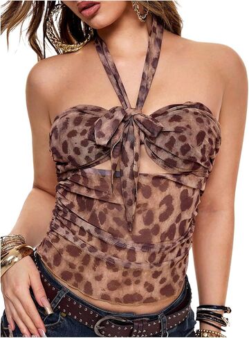 Makemechic Women's Halter Tops Mesh Summer Cheetah Print Cut Out Out Backless Y2K Tank Crop Top in Saudi Arabia