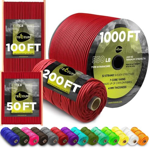 TECEUM Paracord Type III 550 Dark Grey – 50 ft – 4mm – Tactical Rope MIL-SPEC – Outdoor para Cord –Camping Hiking Fishing Gear and Equipment – EDC Parachute Cord – Strong Survival Rope in Saudi Arabia