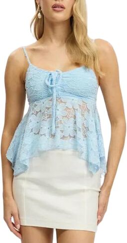 Womens Y2k Lace Crop Tops Vintage Fairy Ruched Ruffle Holiday Beach Going Out Streetwear Casual Camisole in Saudi Arabia