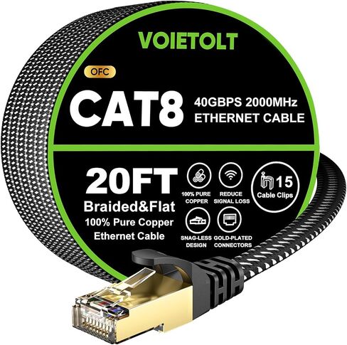 Cat 8 Ethernet Cable 1 FT Flat, High Speed 40Gbps 2000Mhz Braided Internet Cable with Gold Plated RJ45 Network LAN Cable SSTP, Heavy Duty Ethernet Cord Compatible for PS4/5, for Modems, PC/Laptop in Saudi Arabia