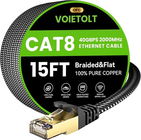 Cat 8 Ethernet Cable 1 FT Flat, High Speed 40Gbps 2000Mhz Braided Internet Cable with Gold Plated RJ45 Network LAN Cable SSTP, Heavy Duty Ethernet Cord Compatible for PS4/5, for Modems, PC/Laptop in Saudi Arabia