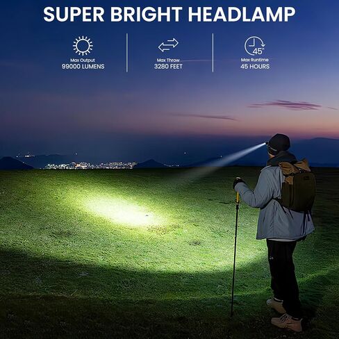 LED Headlamp Rechargeable 2Pack, 990000 Lumens Bright Head Lamp Βattery Include, 90° Adjustable Head Lights for Forehead with 3 Modes, Long Runtime & Waterproof Headlamps for Adults Camping Hiking in Saudi Arabia