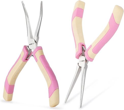 2 PCS Mini Needle Nose Pliers Set, Straight and Bent Long Nose Pliers with Comfort Grip Handles, Small Needle Nose Plier for Jewelry Making, Handmade Craft - Pink and Yellow in Kuwait