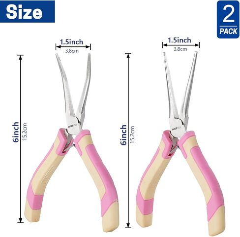 2 PCS Mini Needle Nose Pliers Set, Straight and Bent Long Nose Pliers with Comfort Grip Handles, Small Needle Nose Plier for Jewelry Making, Handmade Craft - Pink and Yellow in Kuwait