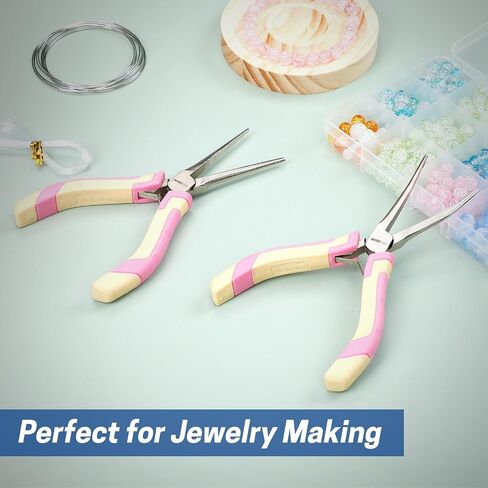 2 PCS Mini Needle Nose Pliers Set, Straight and Bent Long Nose Pliers with Comfort Grip Handles, Small Needle Nose Plier for Jewelry Making, Handmade Craft - Pink and Yellow in Kuwait
