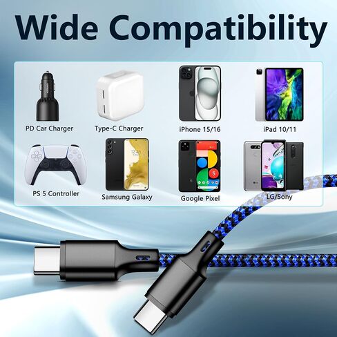 كابل الشاحن USB C إلى USB C ، 5 حزمة [3/3/6/6/6/10 قدمًا] من النوع C شحن سريع للبيانات عالية الشحن ونقل الأسلاك المتوافقة مع iPhone 16/5 in Kuwait