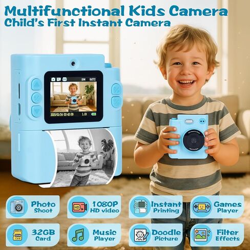 طباعة كاميرا للأطفال ، 1080p HD Dual Lens Selfie Digital Camera مع 5 لفائف ورق الطباعة وبطاقة TF 32G ، للأطفال ، لعبة طفل محمولة لمدة 3-12 من الأولاد والبنات (أسود) in Saudi Arabia