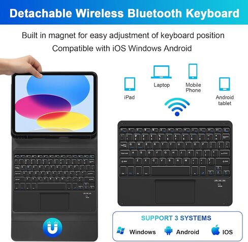 SOPPY Bluetooth Keyboard Case with Touchpad for iPad 11th Gen. (A16) 11-inch 2025, 10th Generation 10.9 inch 2022, Detachable Protective Cover, with Built-in Pen Holder, USB-C Rechargeable, Pink in Kuwait