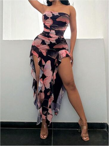 فيردوسا نساء الفراشة طباعة فستان الكشكش فخذ الفخذ مقسمة الحمالات bodycon فستان in Kuwait