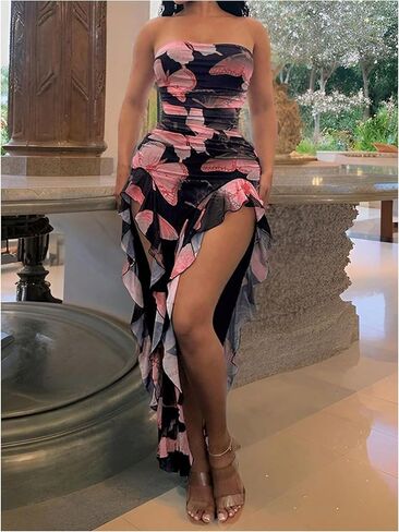 فيردوسا نساء الفراشة طباعة فستان الكشكش فخذ الفخذ مقسمة الحمالات bodycon فستان in Kuwait